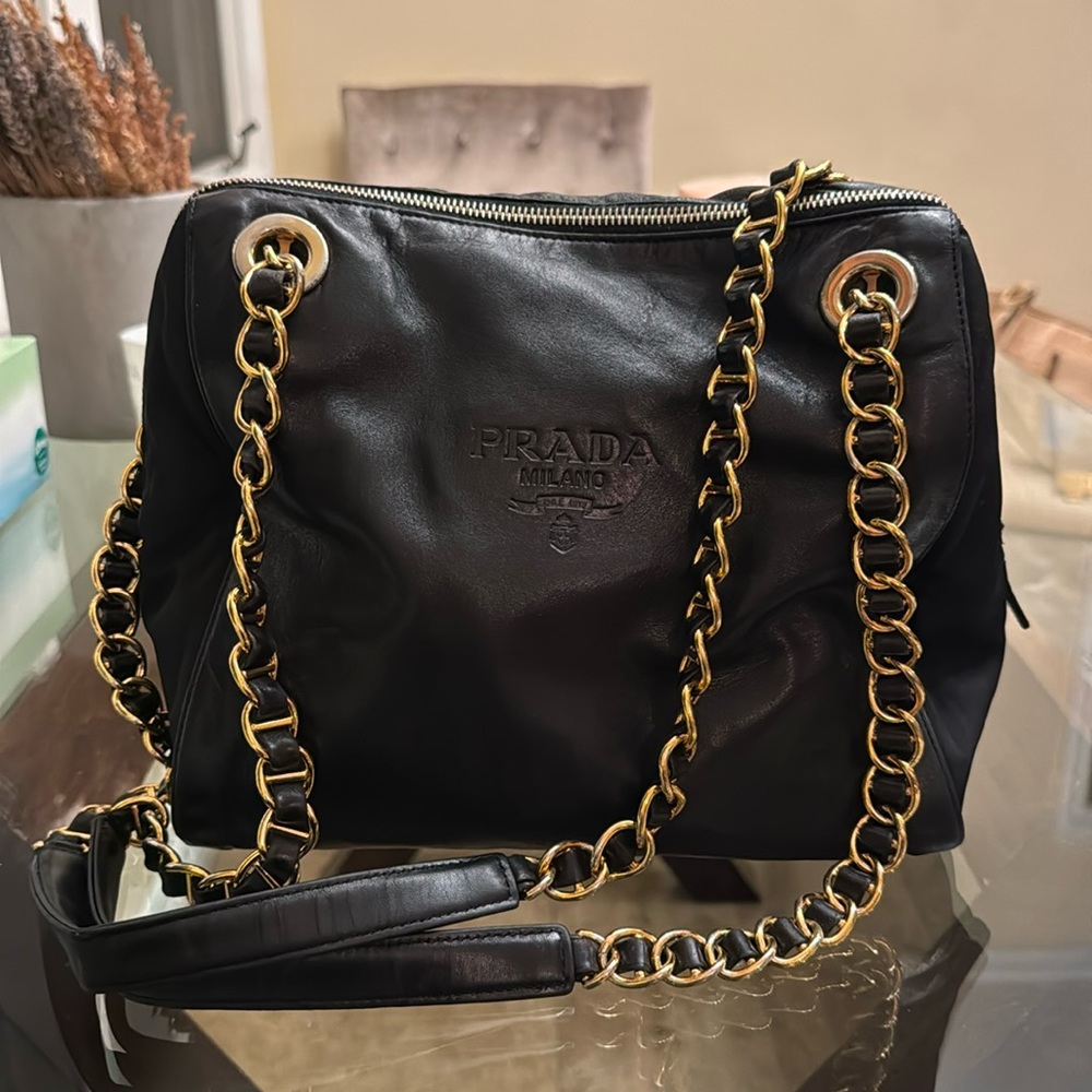 Vintage lamb skin mid-size Prada tote with gold hardware